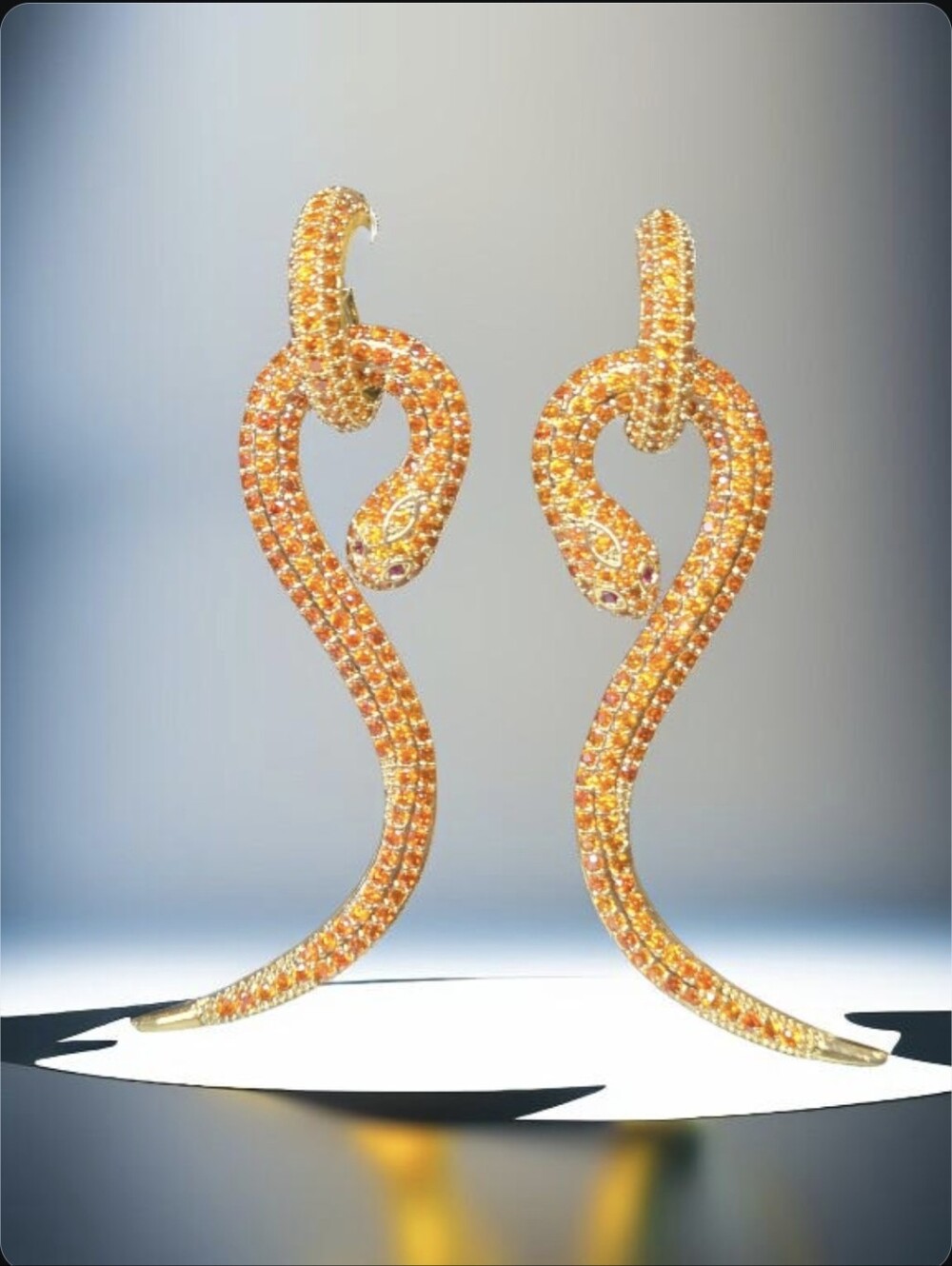 Fabulous 18k Gold Plated Tangerine Crystal Coiled Snake Dangle Earrings